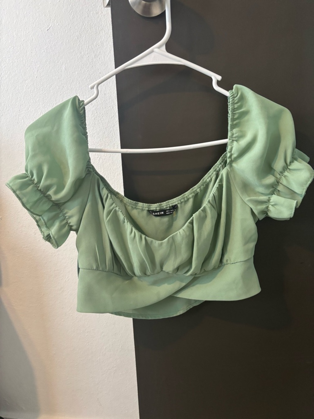 SHEIN Mint Green Puff Sleeve Ruched Crop Top - S